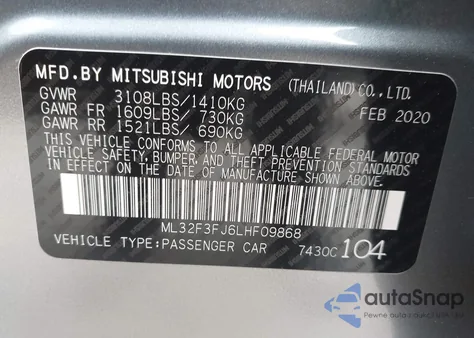 2020 Mitsubishi Mirage G4 Es z USA, uszkodzony, nr VIN ML32F3FJ6LHF09868